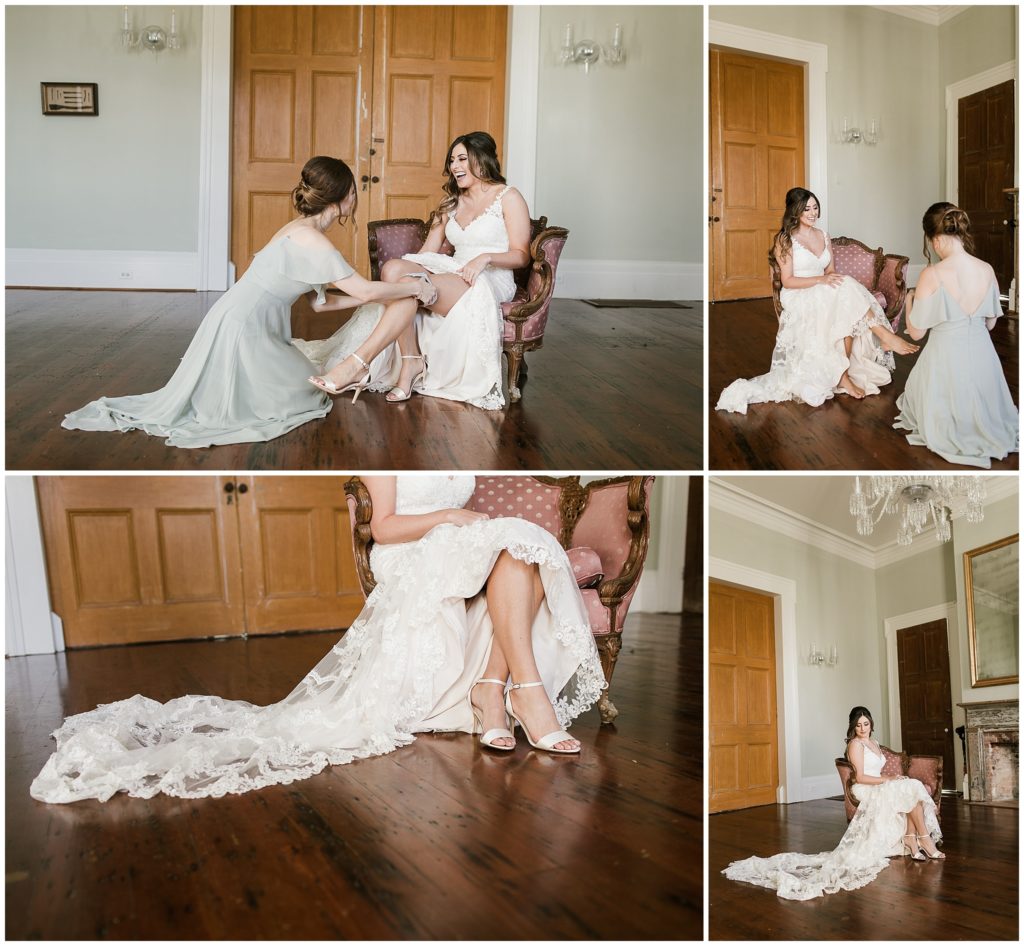 maid of honor helps bride strap nina wedding shoes