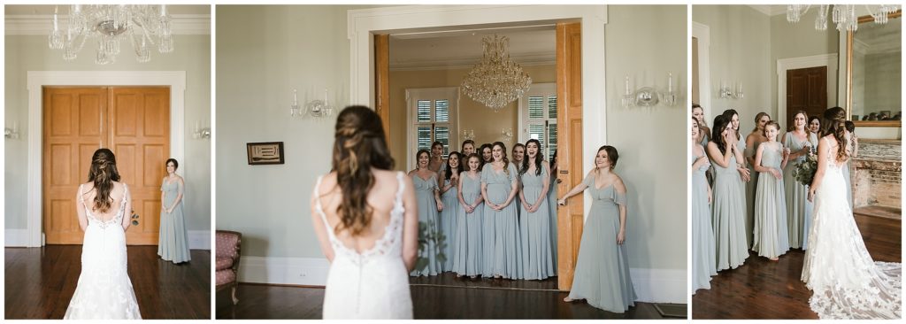 bride in a stella york wedding gown has a first look with her bridesmaids