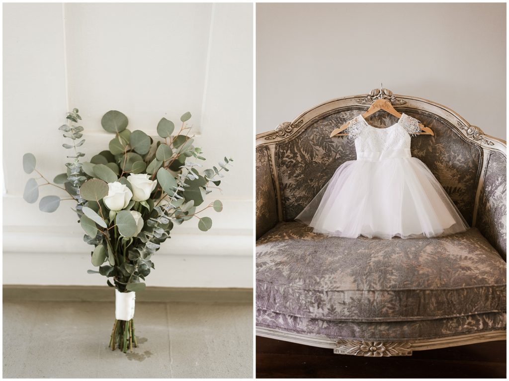 detail shots of eucalyptus wedding bouquet and flower girl dress