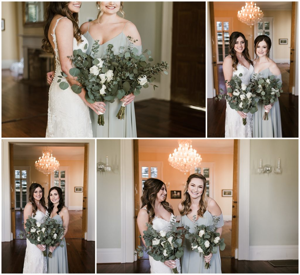 bride poses with bridesmaids holding eucalyptus and white rose bouquets