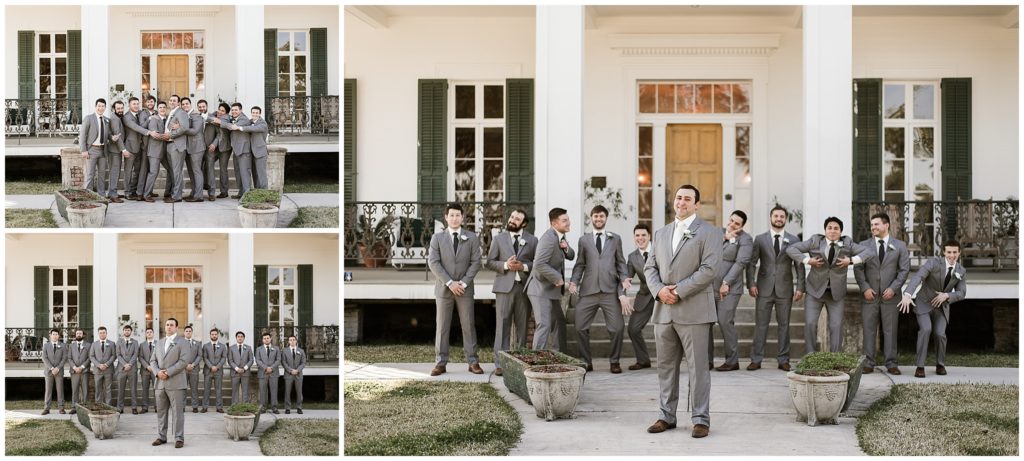 groom and groomsmen in gray suits for winter wedding