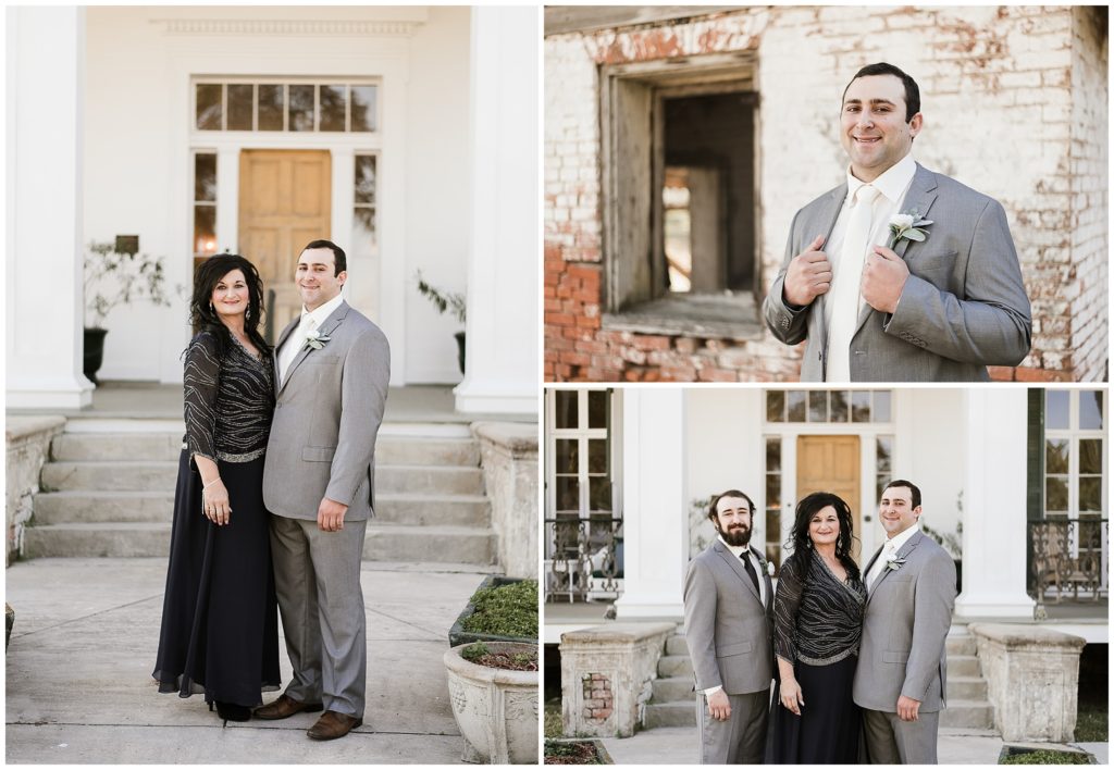 groom poses with family before ceremony