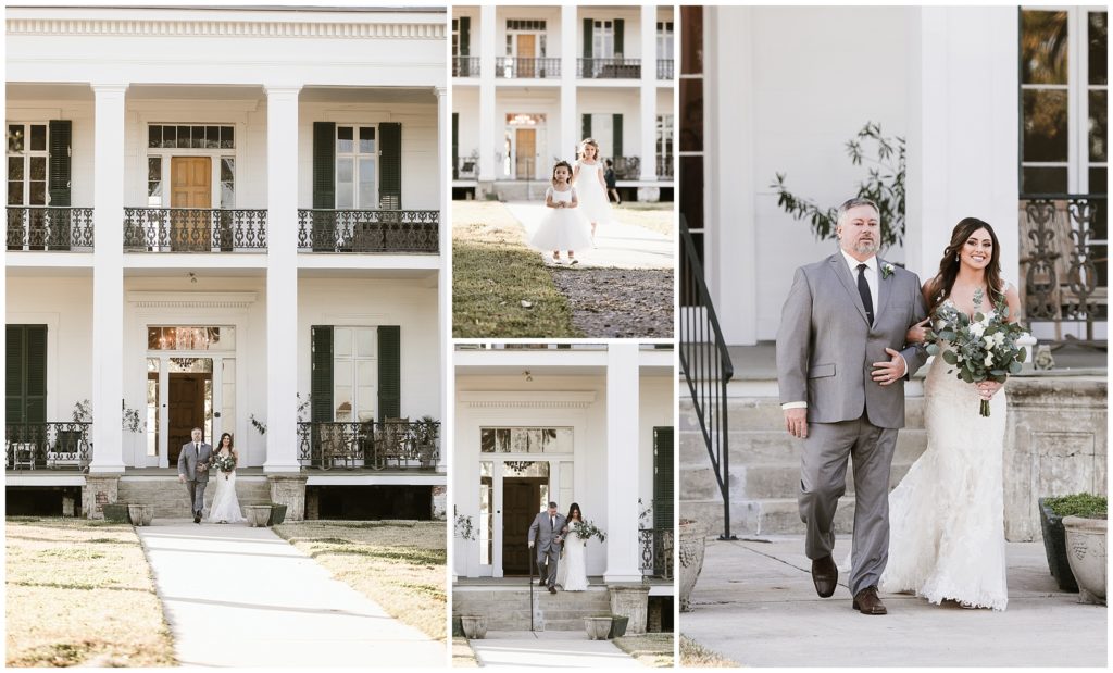 father walks bride walks down the aisle in front of Ducros plantation in Thibodaux Louisiana