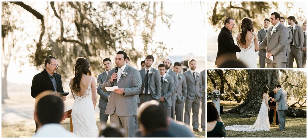 bride and groom recite vows in sunset wedding ceremony in Louisiana