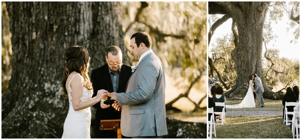bride and groom share first kiss during sunset ceremony in front of a majestic oak tree