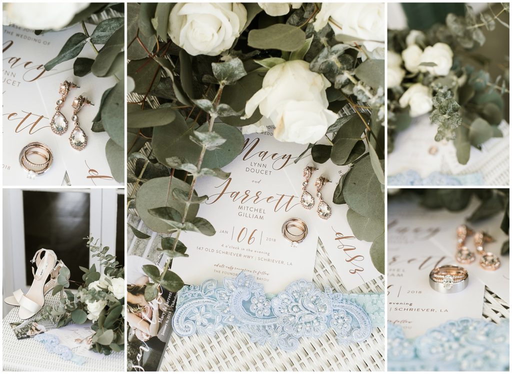 wedding invitation detail shots with florals and wedding rings 