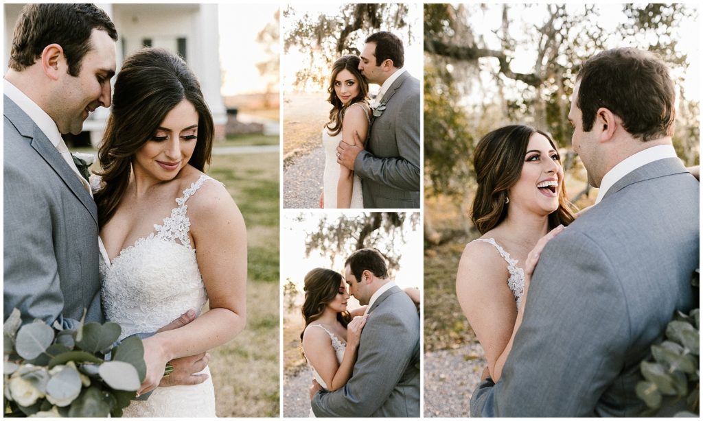 couple takes romantic wedding portraits at sunset in front of oak trees louisiana