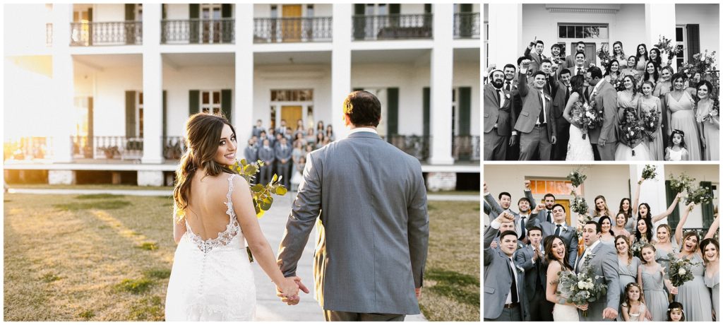 large bridal party celebrates in front of ducros plantation in louisiana