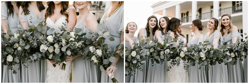 bride and bridesmaids in gowns pose with eucalyptus bouquets