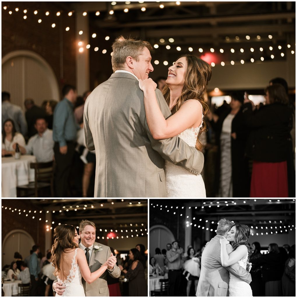 bride dances with her father at the wedding reception decorated with string lights