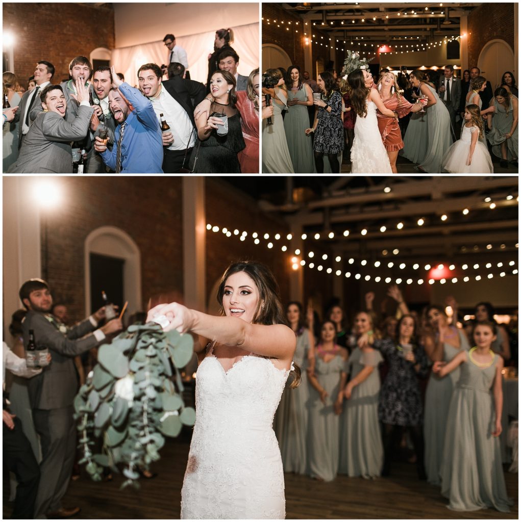 bride tosses bouquet at wedding reception