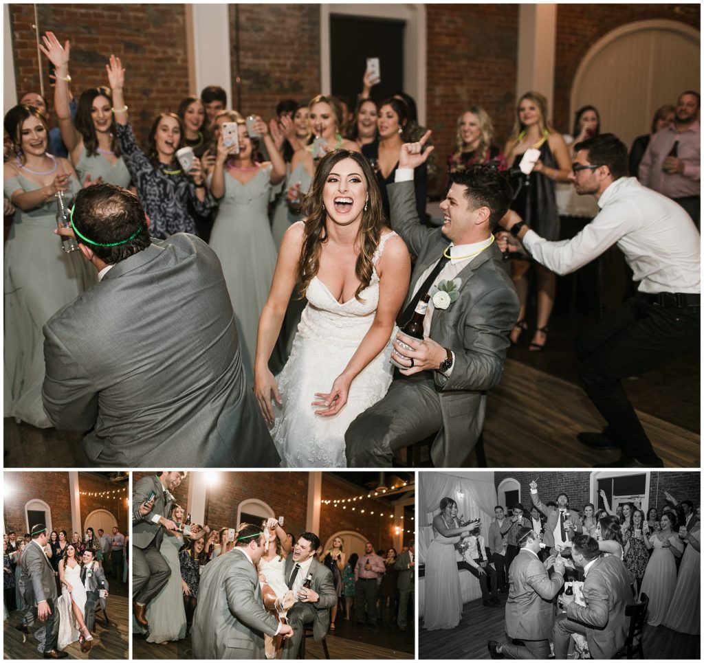bride participates in garter toss at wedding reception at the foundry in thibodaux louisiana