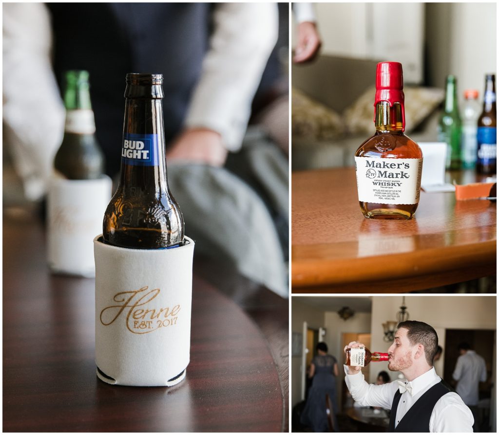 groom drinks maker's mark whiskey before wedding and beer in custom koozies