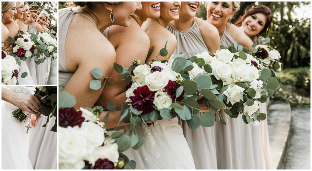 detail shot of bride and bridemaid burgundy and white wedding bouquets