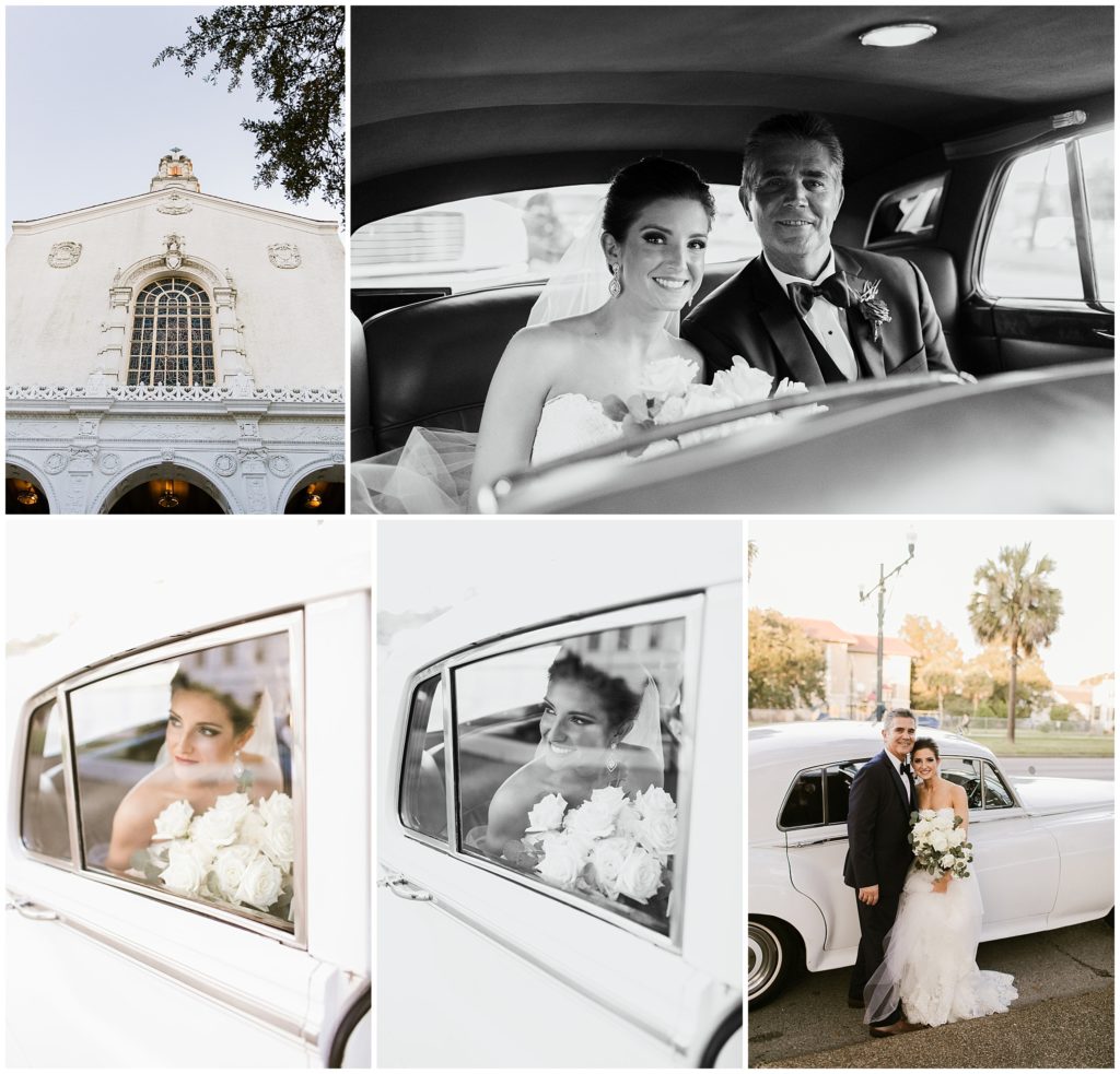 bride and her father arrive at church in white vintage rolls royce