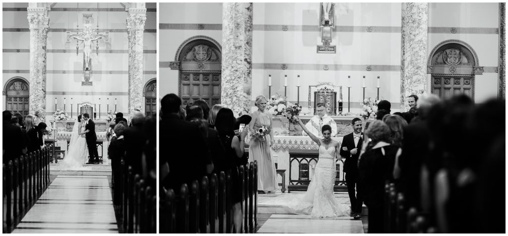 bride and groom process down the aisle after ceremony at st anthony of padua in new orleans
