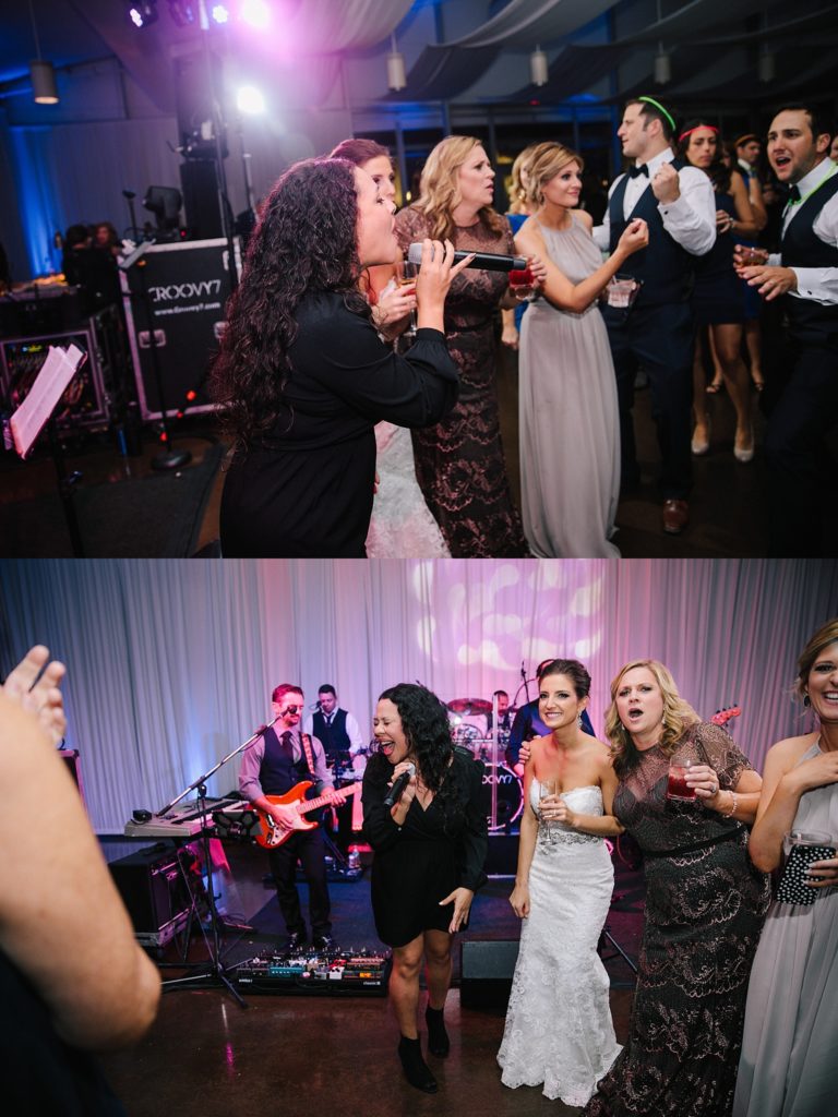 wedding guests and bride sing with groovy 7 band in new orleans 