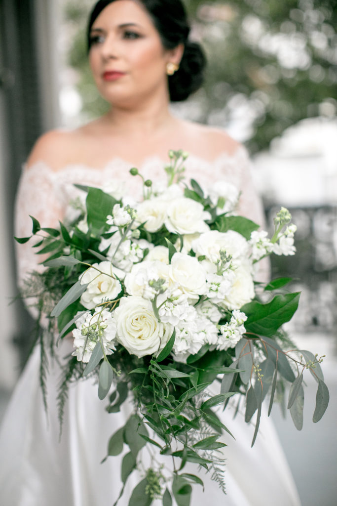 close up of white bridal bouquet