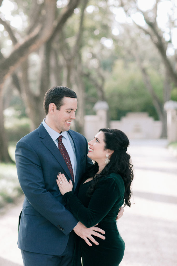 engaged couple dresses up for winter engagement session