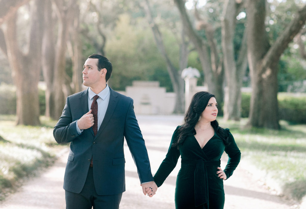 winter engagement session at Longue Vue house in New Orleans